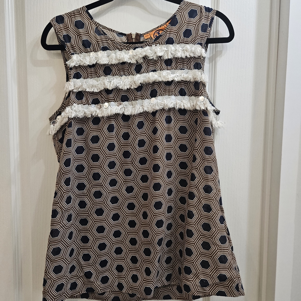 Tory Burch Brown and Navy Geometric Sleeveless Blouse with White Fringe